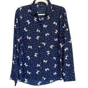 Primark Shirt Womens Size 10 Button Up Long Sleeve Butterfly Polka Dot Print Top